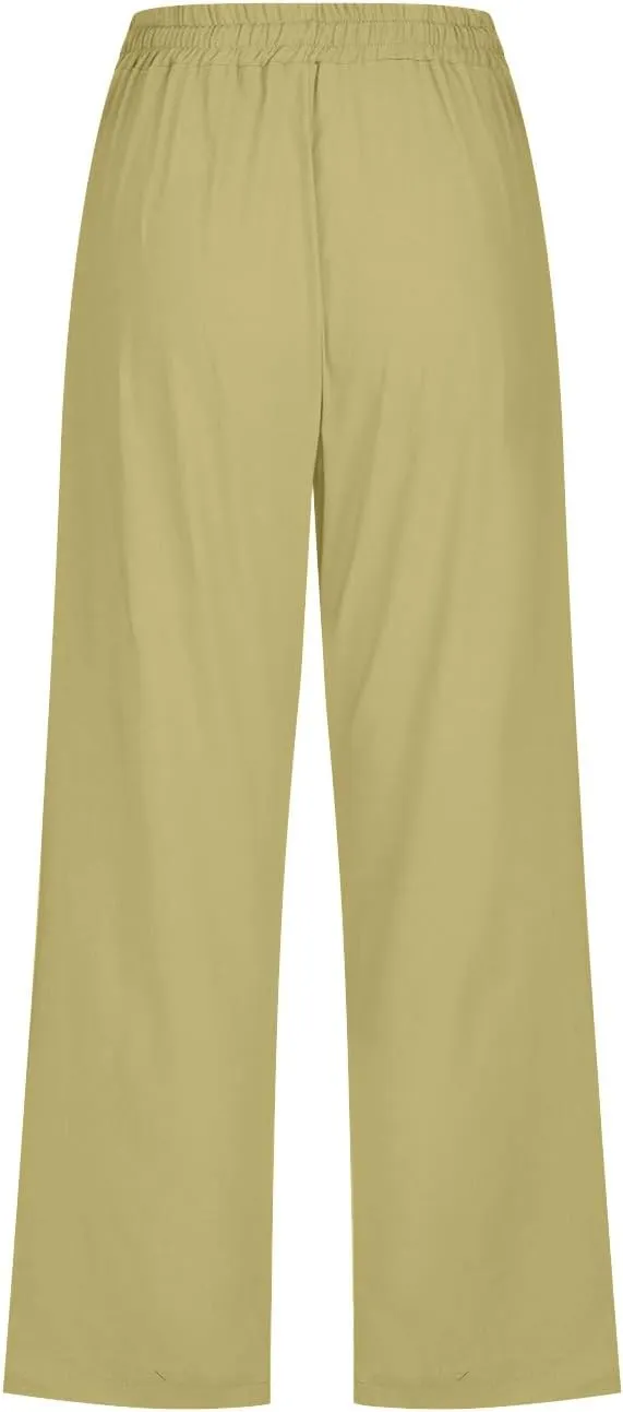 Womens Linen Capri Pants Summer Casual Drawstring Elastic Wasit Cropped Pants Loose Wide Leg Beach Palazzo W/Pockets