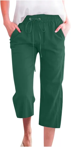 Womens Linen Capri Pants Summer Casual Drawstring Elastic Wasit Cropped Pants Loose Wide Leg Beach Palazzo W/Pockets