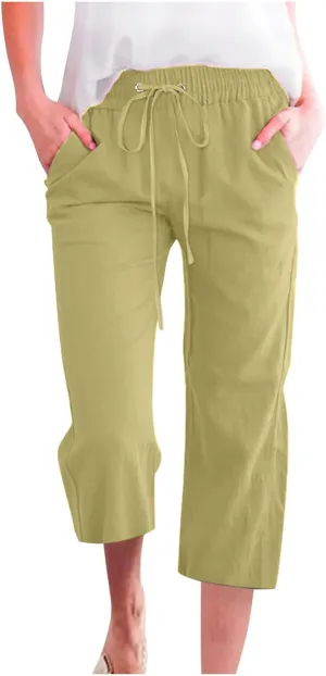 Womens Linen Capri Pants Summer Casual Drawstring Elastic Wasit Cropped Pants Loose Wide Leg Beach Palazzo W/Pockets