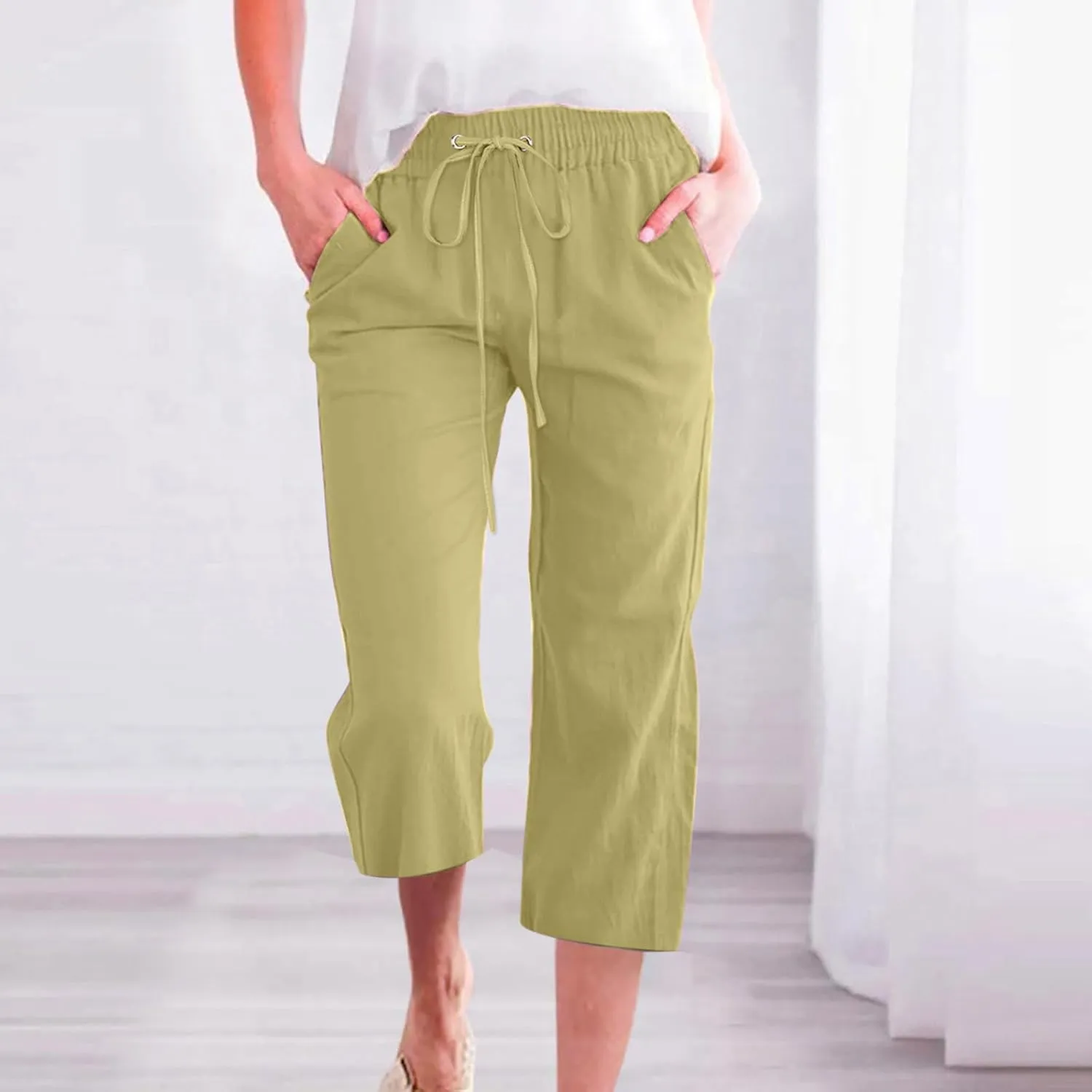 Womens Linen Capri Pants Summer Casual Drawstring Elastic Wasit Cropped Pants Loose Wide Leg Beach Palazzo W/Pockets