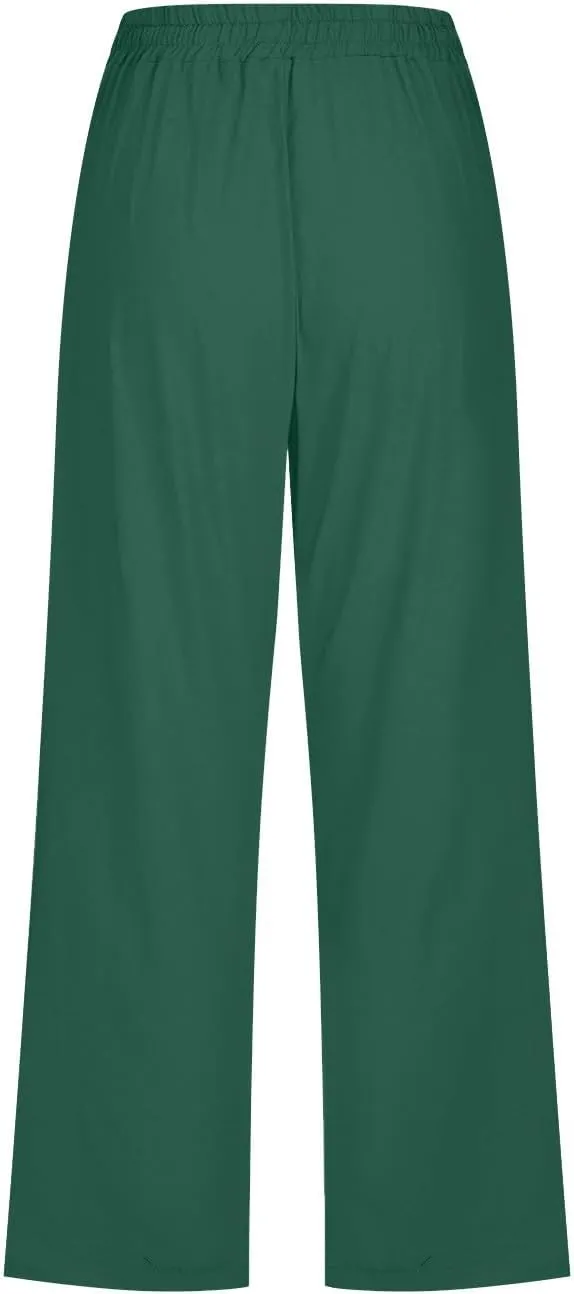 Womens Linen Capri Pants Summer Casual Drawstring Elastic Wasit Cropped Pants Loose Wide Leg Beach Palazzo W/Pockets