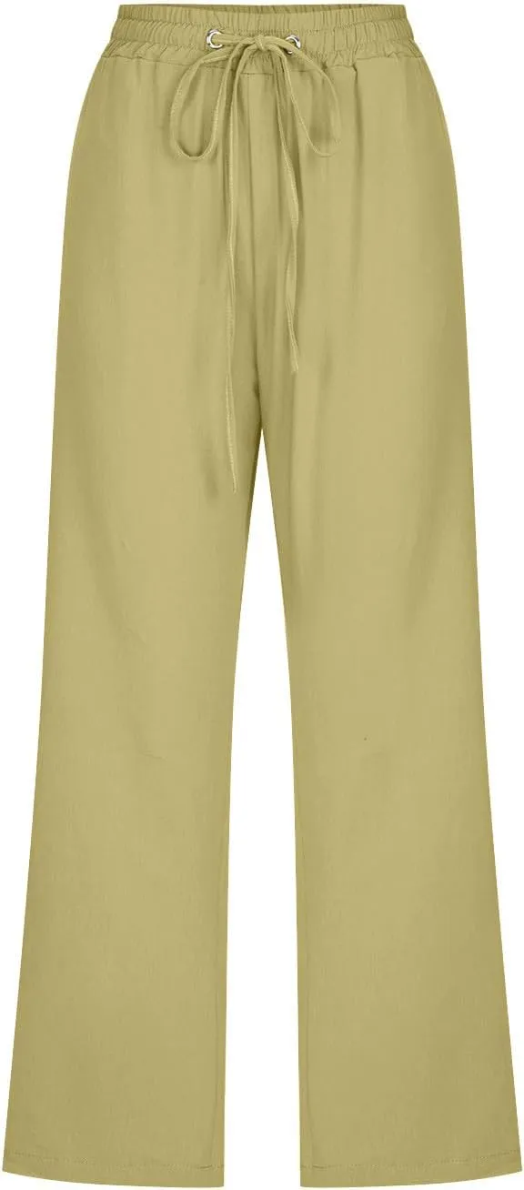 Womens Linen Capri Pants Summer Casual Drawstring Elastic Wasit Cropped Pants Loose Wide Leg Beach Palazzo W/Pockets