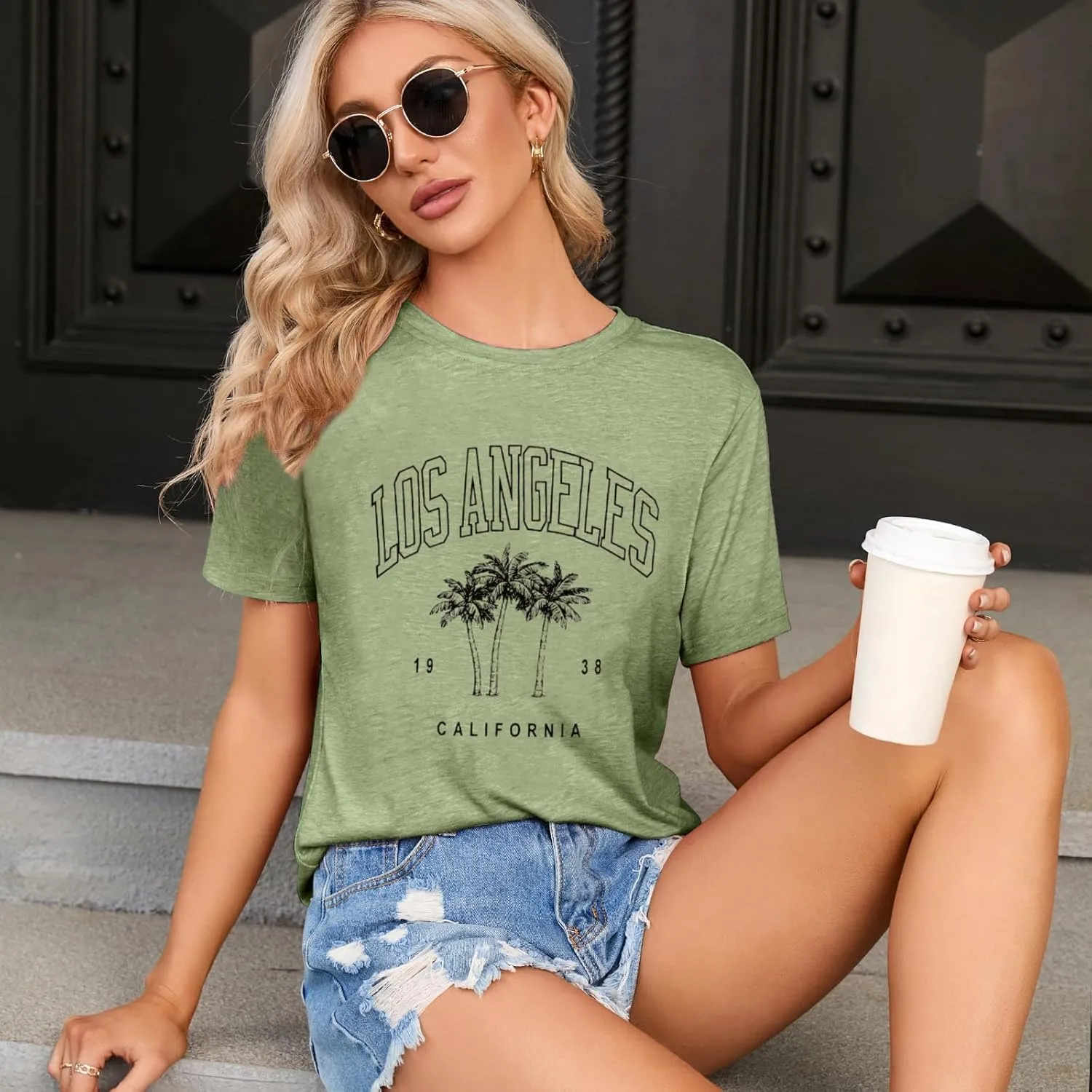 Womens Los Angeles California T-Shirts Summer Beach Cute Printed Short Sleeve Cotton Casual Graphic Tee Tops