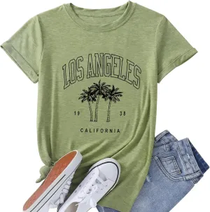 Womens Los Angeles California T-Shirts Summer Beach Cute Printed Short Sleeve Cotton Casual Graphic Tee Tops