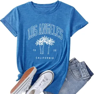 Womens Los Angeles California T-Shirts Summer Beach Cute Printed Short Sleeve Cotton Casual Graphic Tee Tops