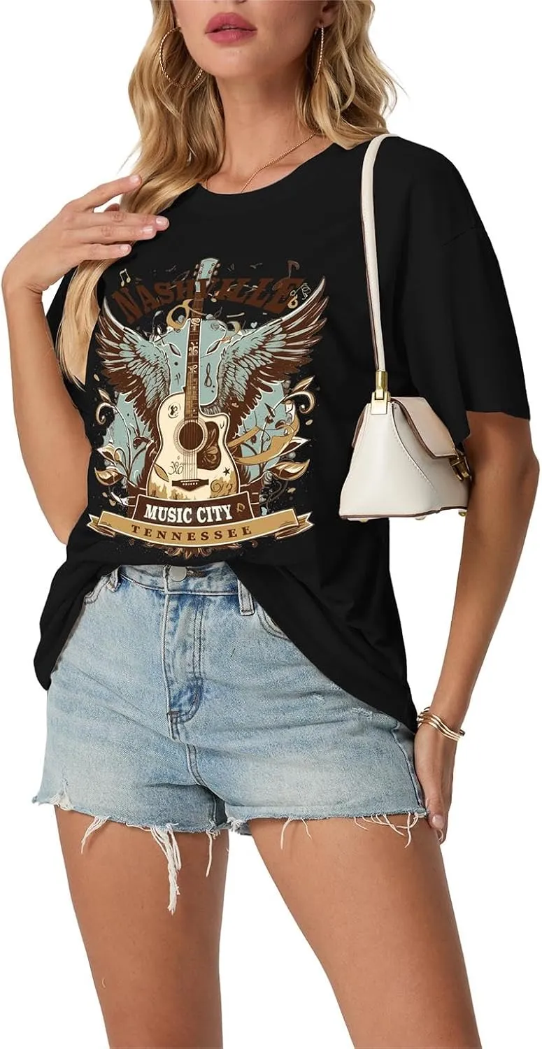 Women's Nashville Country Music City Oversized Graphic T-Shirts Casual Band Tees Short Sleeve Rock Roll Tops