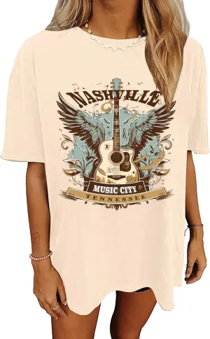 Women's Nashville Country Music City Oversized Graphic T-Shirts Casual Band Tees Short Sleeve Rock Roll Tops