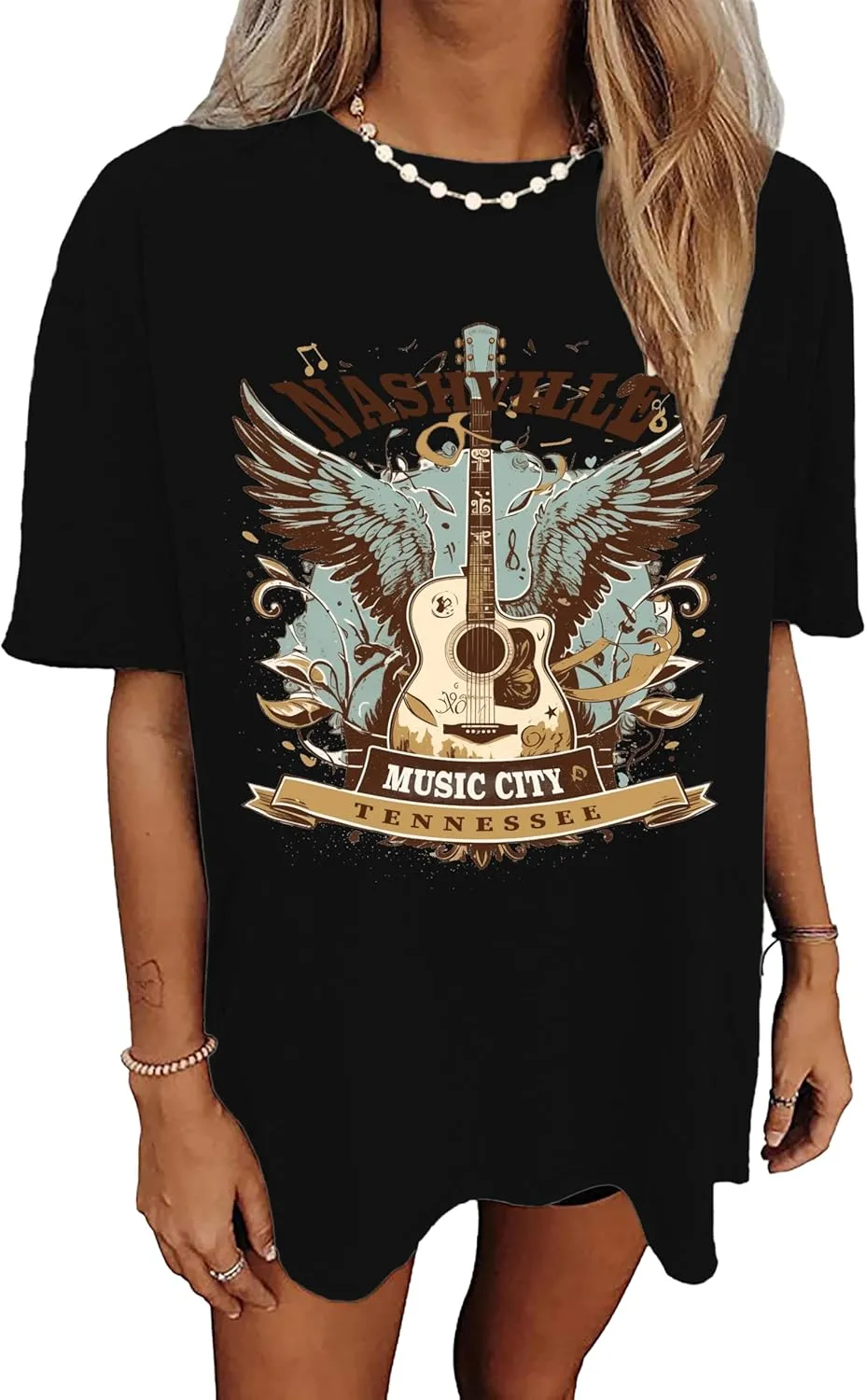 Women's Nashville Country Music City Oversized Graphic T-Shirts Casual Band Tees Short Sleeve Rock Roll Tops