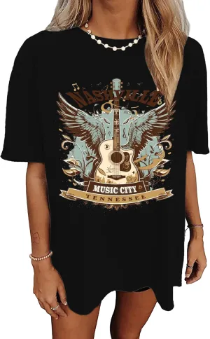 Women's Nashville Country Music City Oversized Graphic T-Shirts Casual Band Tees Short Sleeve Rock Roll Tops