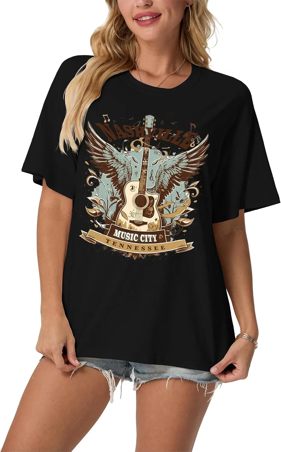 Women's Nashville Country Music City Oversized Graphic T-Shirts Casual Band Tees Short Sleeve Rock Roll Tops