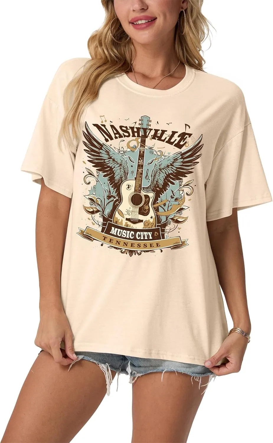 Women's Nashville Country Music City Oversized Graphic T-Shirts Casual Band Tees Short Sleeve Rock Roll Tops