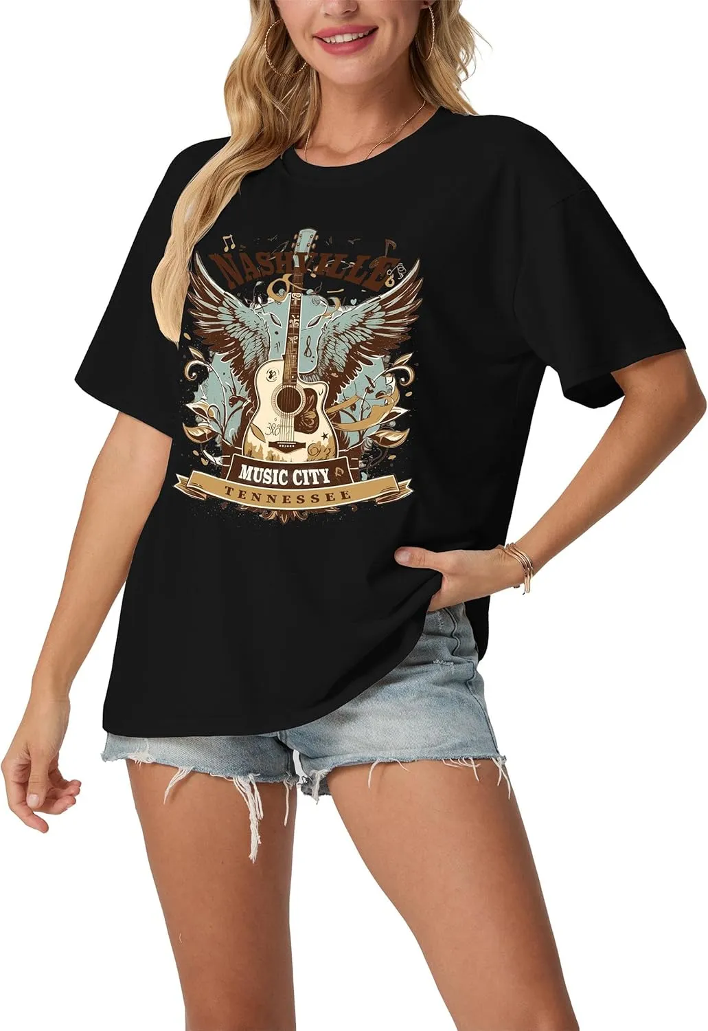 Women's Nashville Country Music City Oversized Graphic T-Shirts Casual Band Tees Short Sleeve Rock Roll Tops