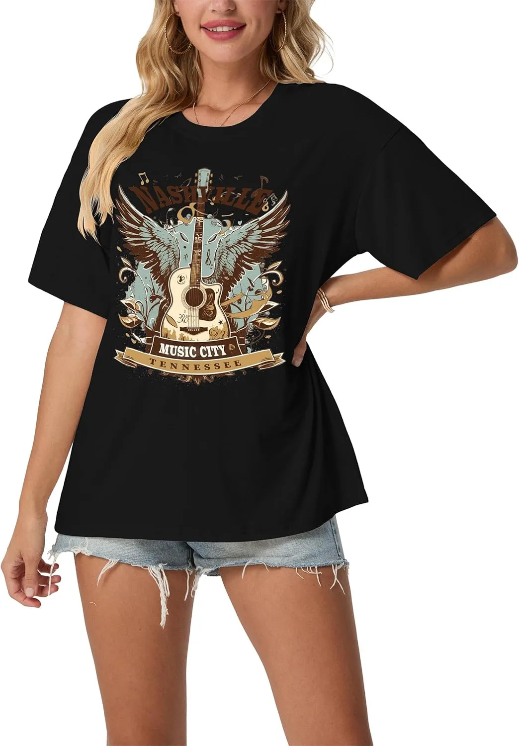 Women's Nashville Country Music City Oversized Graphic T-Shirts Casual Band Tees Short Sleeve Rock Roll Tops