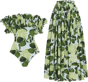 Women's One Piece Swimsuit with Cover up Wrap Skirt Floral Sarong Tummy Control Beach Bikini Set Bathing Suit