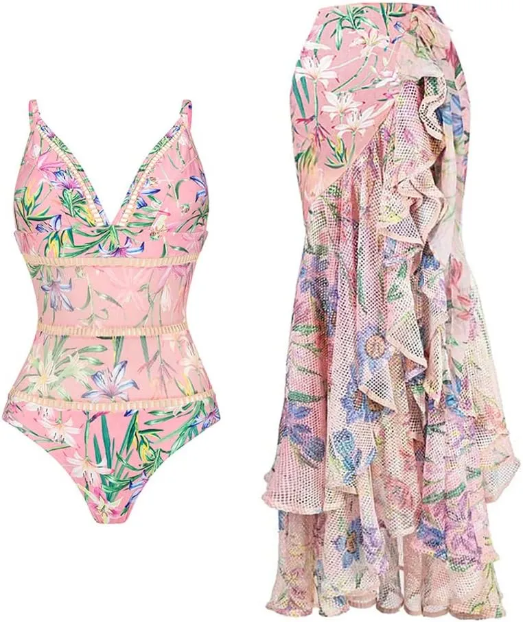 Women's One Piece Swimsuit with Cover up Wrap Skirt Floral Sarong Tummy Control Beach Bikini Set Bathing Suit