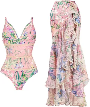 Women's One Piece Swimsuit with Cover up Wrap Skirt Floral Sarong Tummy Control Beach Bikini Set Bathing Suit