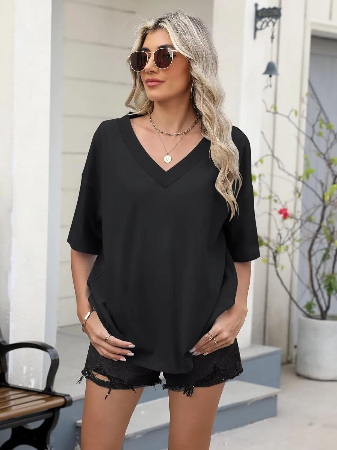 Womens Oversized T Shirts Ribbed Trim V Neck Short Sleeve Tops Summer Cotton Tees Loose Fit 2025