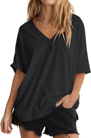 Womens Oversized T Shirts Ribbed Trim V Neck Short Sleeve Tops Summer Cotton Tees Loose Fit 2025