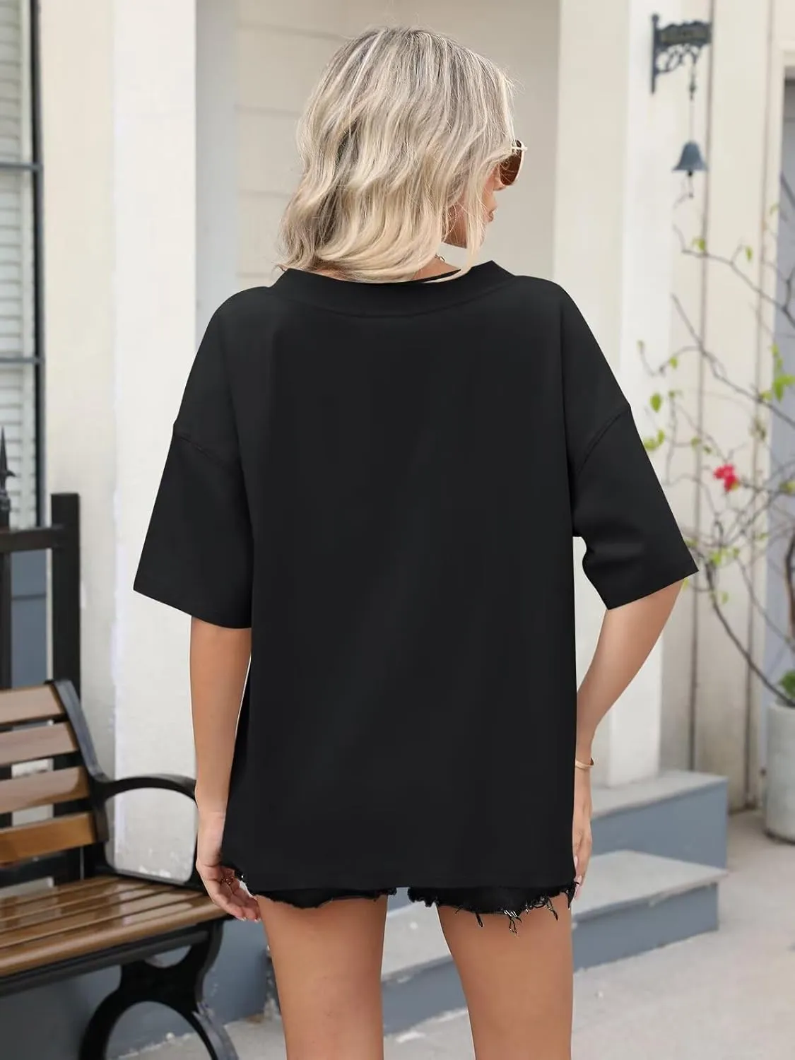 Womens Oversized T Shirts Ribbed Trim V Neck Short Sleeve Tops Summer Cotton Tees Loose Fit 2025