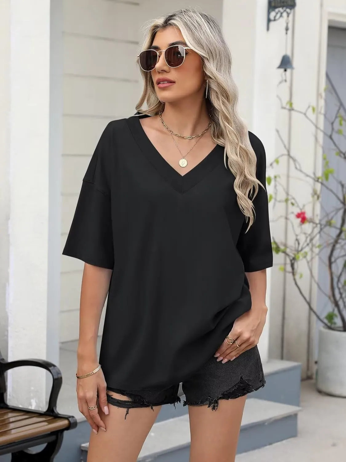 Womens Oversized T Shirts Ribbed Trim V Neck Short Sleeve Tops Summer Cotton Tees Loose Fit 2025