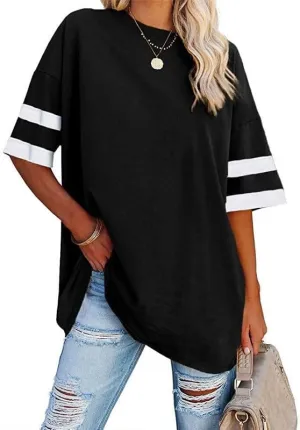 Women's Oversized T Shirts Round Neck Striped Tees Summer Half Sleeve Casual Comfy Cozy Cotton Tunic Tops