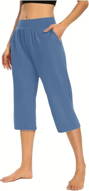 Women's Pants, High Waist Capri Pants with Pockets Wide Leg Cropped Casual