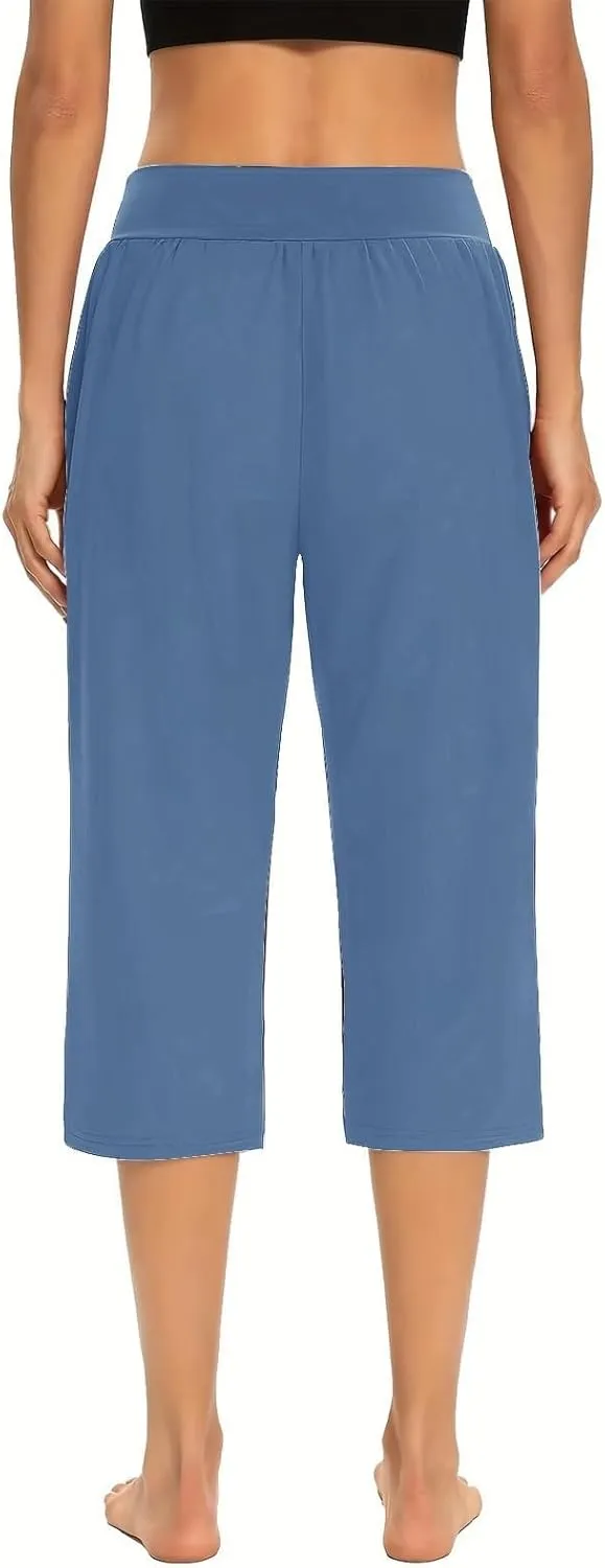Women's Pants, High Waist Capri Pants with Pockets Wide Leg Cropped Casual