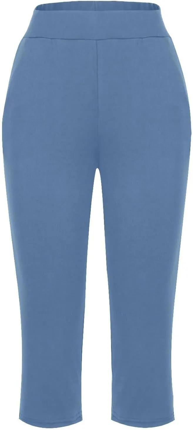 Women's Pants, High Waist Capri Pants with Pockets Wide Leg Cropped Casual