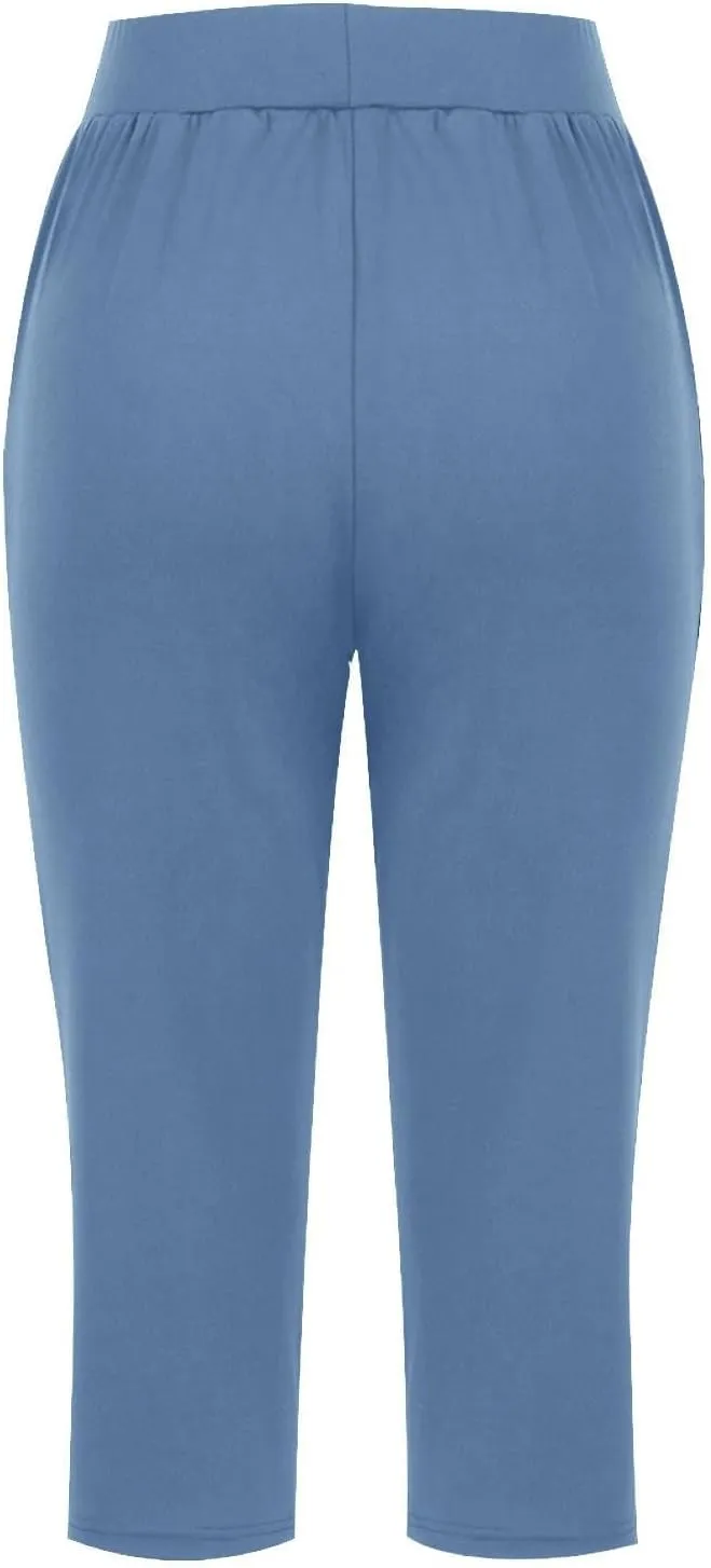 Women's Pants, High Waist Capri Pants with Pockets Wide Leg Cropped Casual