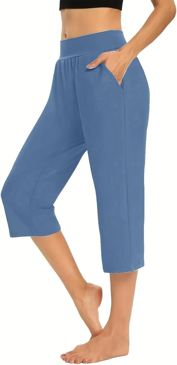 Women's Pants, High Waist Capri Pants with Pockets Wide Leg Cropped Casual