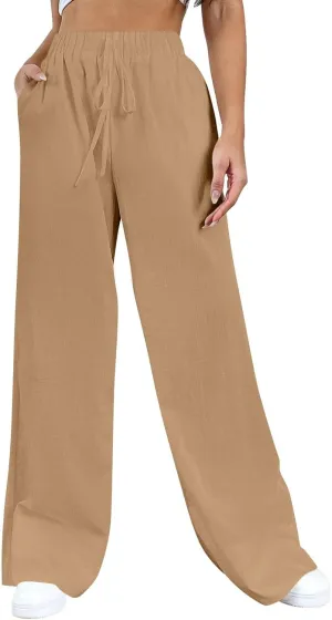 Women's Pants, High Waisted Wide Leg Cotton Linen Pants Straight Sweatpants Lounge