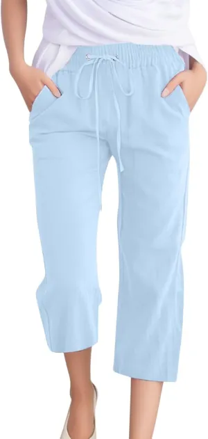 Womens Pull on Pants,oprah's Favorite Things Capris Pants for Women Cotton Linen Casual Summer 2025 Straight Wide Leg Loose Drawstring Elastic Waist Cropped Trouser Light Blue S