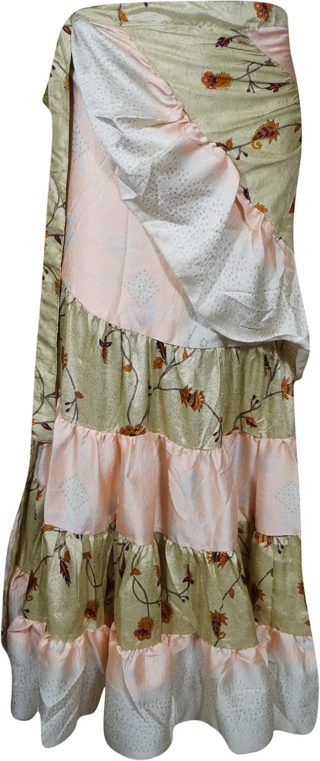 Womens Silk Sari Ruffle Wrap Skirt, Beige Tiered Maxi Skirt, One Size