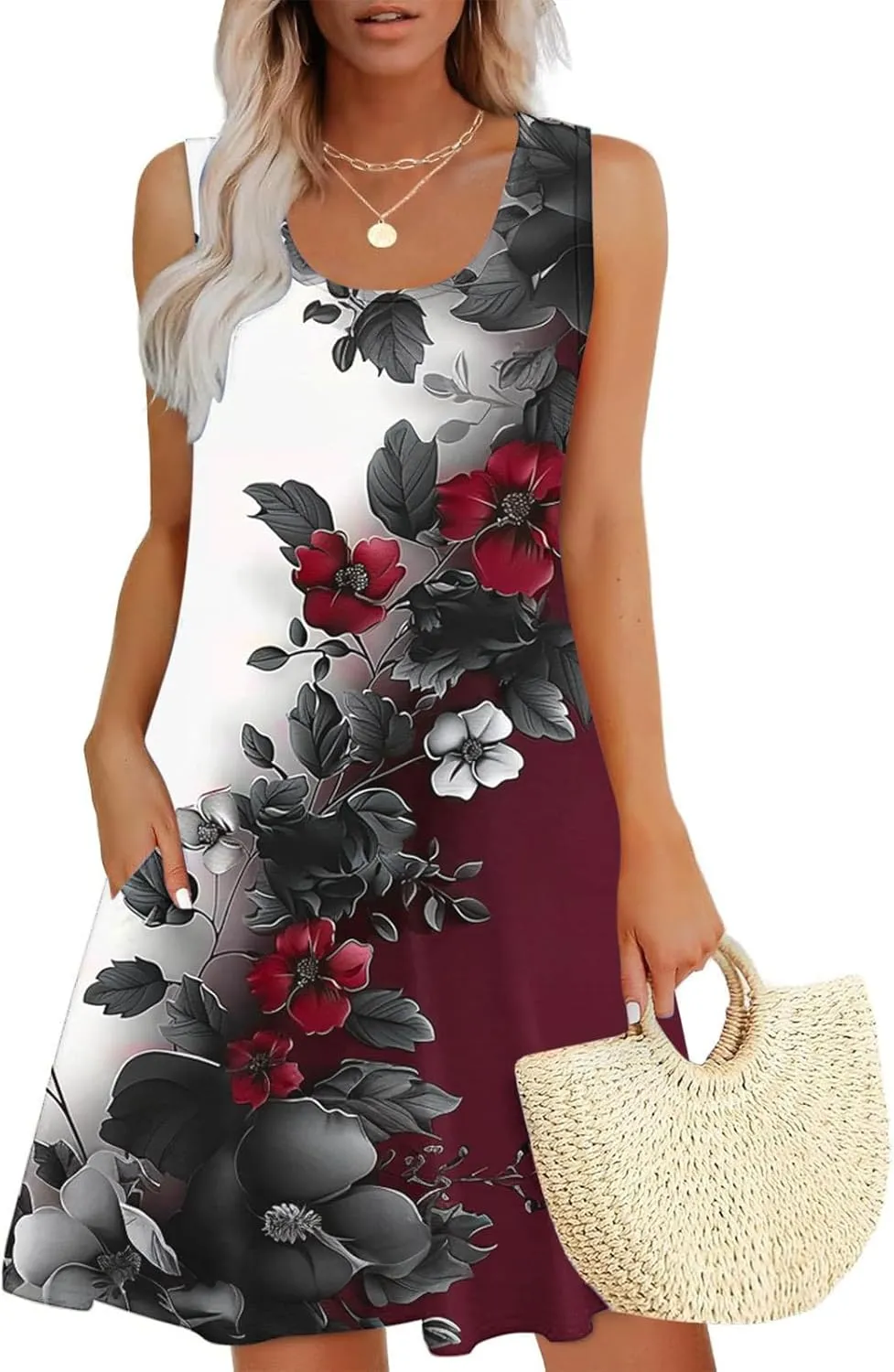 Womens Sleeveless Beach Dresses Trendy Swimsuit Cover Ups Vacation Dresses Floral Swing Mini Dress Flowy Dresses