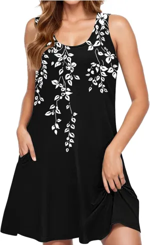 Womens Sleeveless Beach Dresses Trendy Swimsuit Cover Ups Vacation Dresses Floral Swing Mini Dress Flowy Dresses