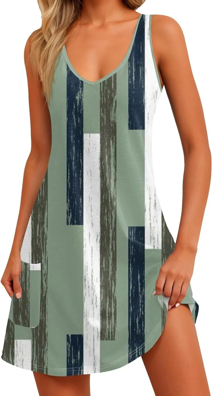 Women's Sleeveless Boho Floral Print V-Neck Summer Beach Dress with Pockets