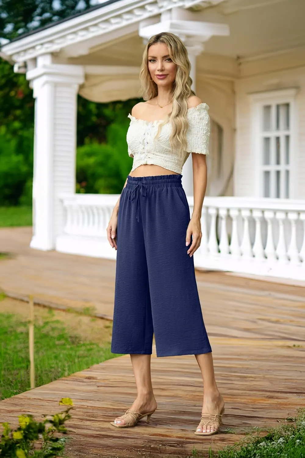 Womens Summer 3/4 Pants Flowy High Waisted Loose Casual Lounge Pant Wide Leg Palazzo Capris Adjustable with Pockets