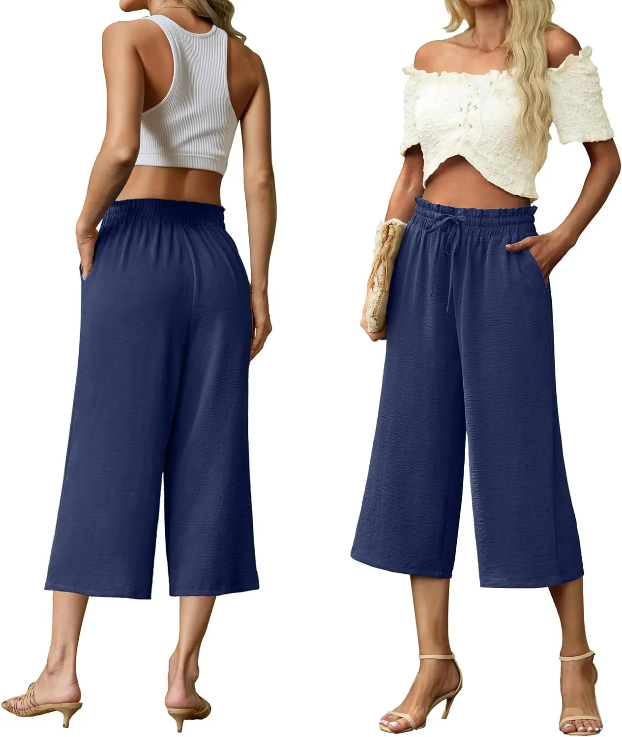 Womens Summer 3/4 Pants Flowy High Waisted Loose Casual Lounge Pant Wide Leg Palazzo Capris Adjustable with Pockets