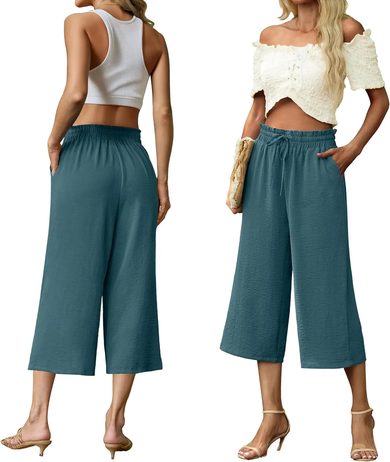 Womens Summer 3/4 Pants Flowy High Waisted Loose Casual Lounge Pant Wide Leg Palazzo Capris Adjustable with Pockets
