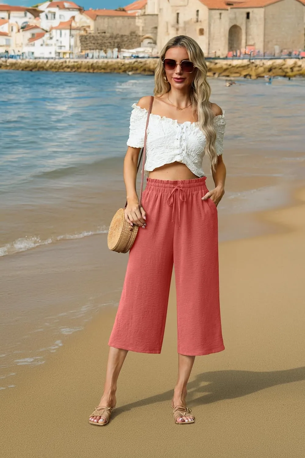 Womens Summer 3/4 Pants Flowy High Waisted Loose Casual Lounge Pant Wide Leg Palazzo Capris Adjustable with Pockets
