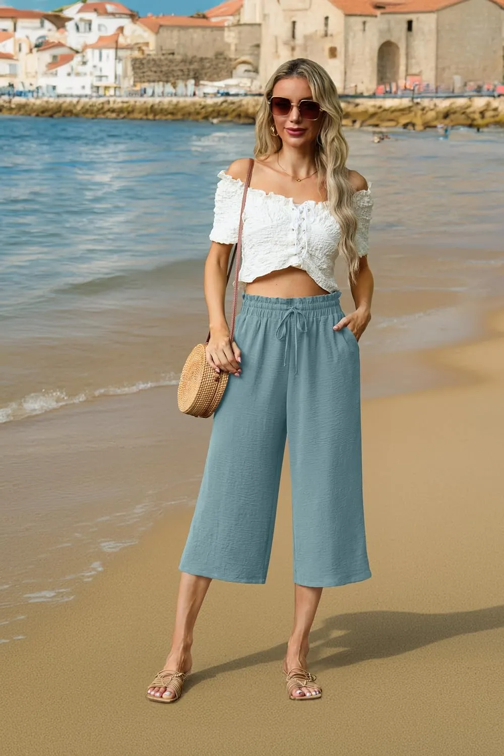 Womens Summer 3/4 Pants Flowy High Waisted Loose Casual Lounge Pant Wide Leg Palazzo Capris Adjustable with Pockets