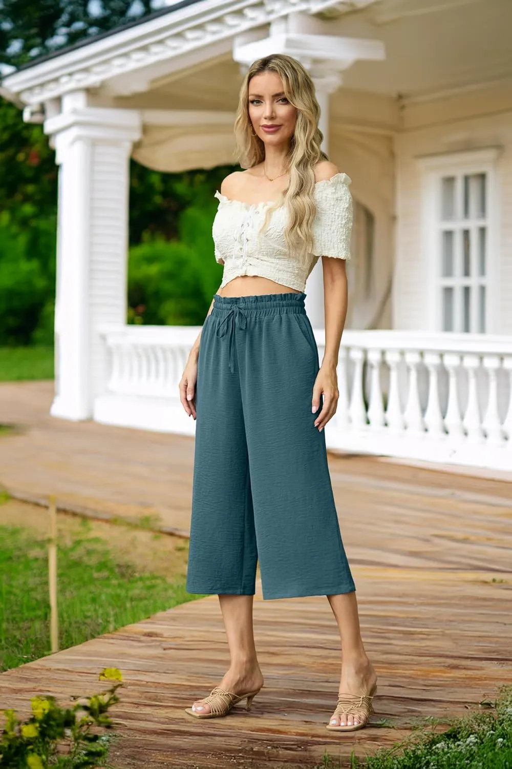 Womens Summer 3/4 Pants Flowy High Waisted Loose Casual Lounge Pant Wide Leg Palazzo Capris Adjustable with Pockets
