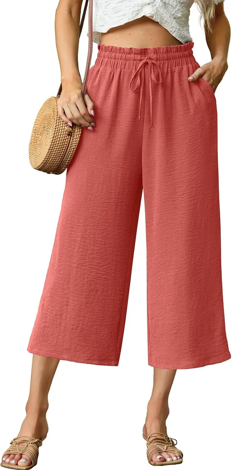 Womens Summer 3/4 Pants Flowy High Waisted Loose Casual Lounge Pant Wide Leg Palazzo Capris Adjustable with Pockets