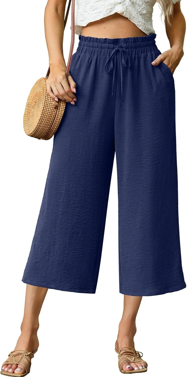 Womens Summer 3/4 Pants Flowy High Waisted Loose Casual Lounge Pant Wide Leg Palazzo Capris Adjustable with Pockets