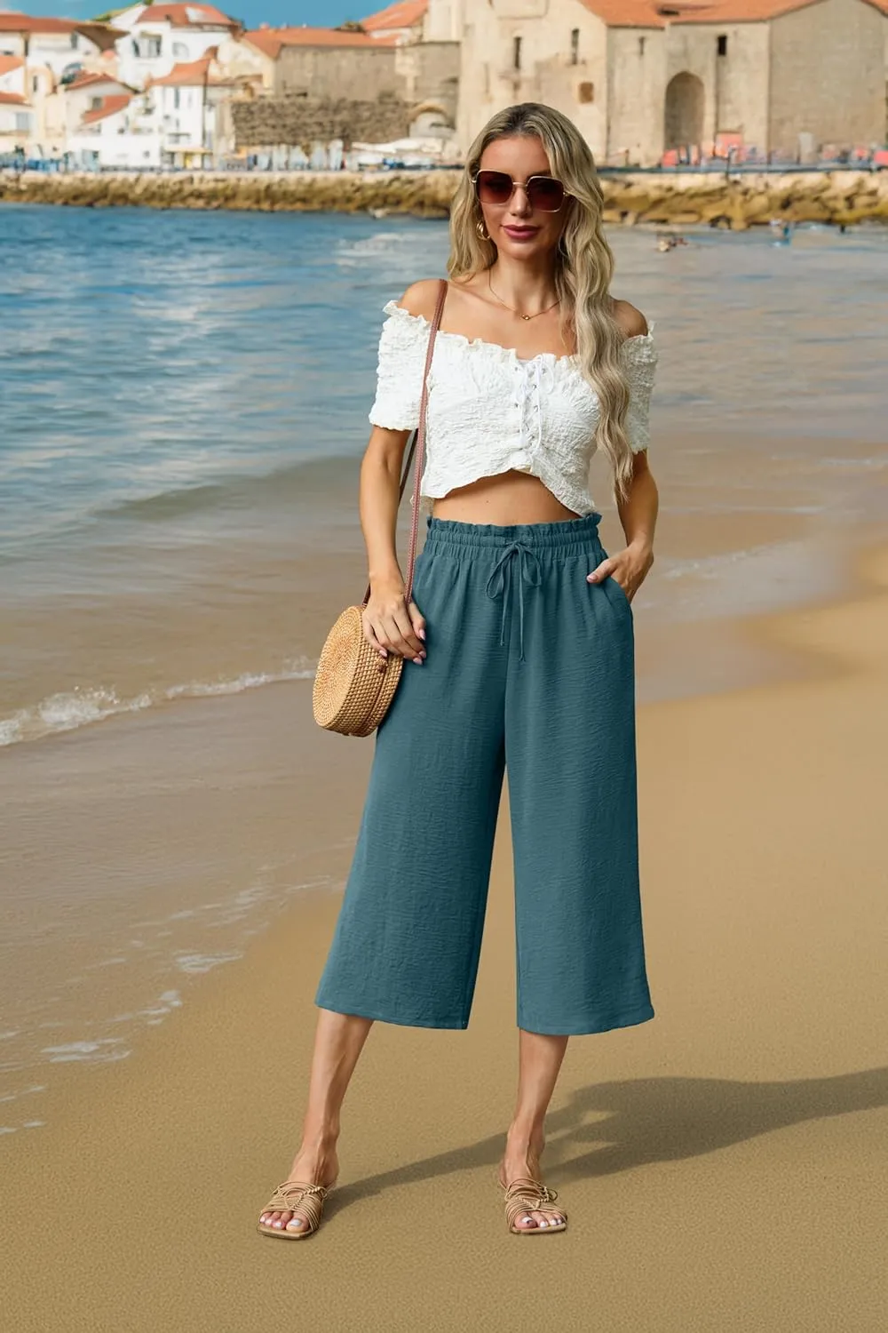 Womens Summer 3/4 Pants Flowy High Waisted Loose Casual Lounge Pant Wide Leg Palazzo Capris Adjustable with Pockets