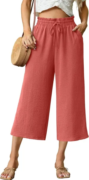 Womens Summer 3/4 Pants Flowy High Waisted Loose Casual Lounge Pant Wide Leg Palazzo Capris Adjustable with Pockets
