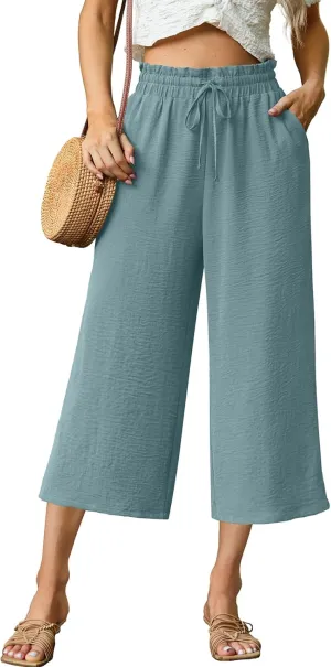 Womens Summer 3/4 Pants Flowy High Waisted Loose Casual Lounge Pant Wide Leg Palazzo Capris Adjustable with Pockets