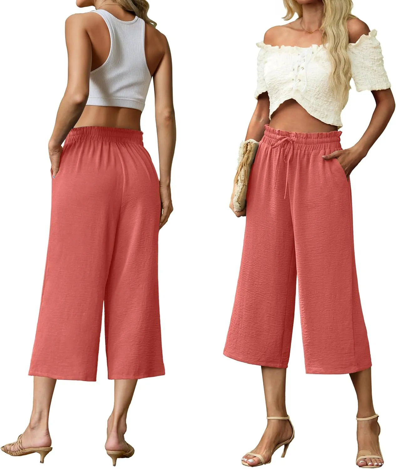 Womens Summer 3/4 Pants Flowy High Waisted Loose Casual Lounge Pant Wide Leg Palazzo Capris Adjustable with Pockets