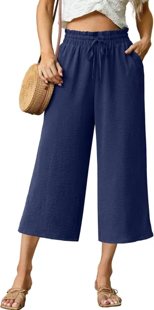 Womens Summer 3/4 Pants Flowy High Waisted Loose Casual Lounge Pant Wide Leg Palazzo Capris Adjustable with Pockets