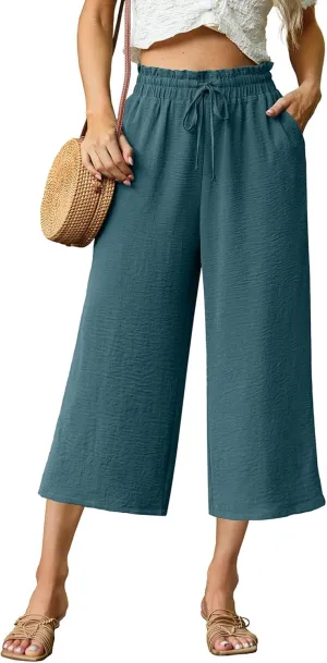 Womens Summer 3/4 Pants Flowy High Waisted Loose Casual Lounge Pant Wide Leg Palazzo Capris Adjustable with Pockets
